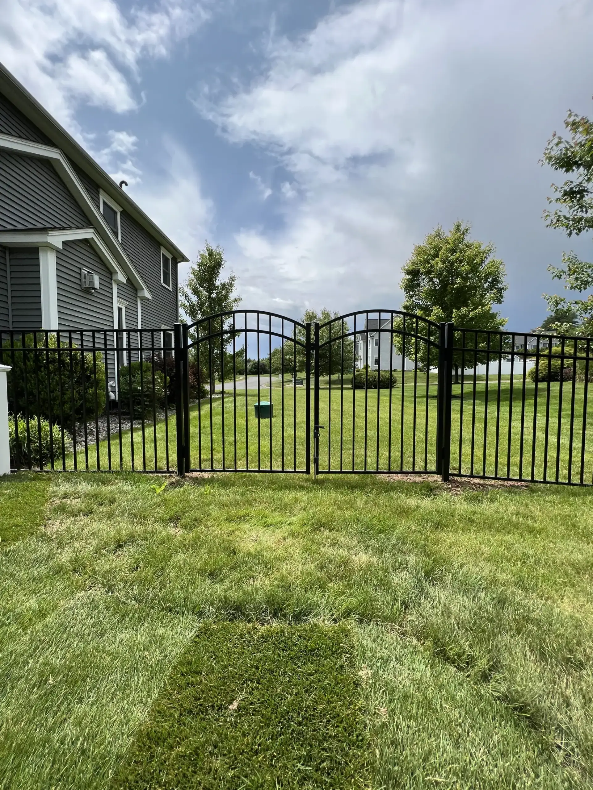 Black aluminum fence with an arched gate across a fresh lawn